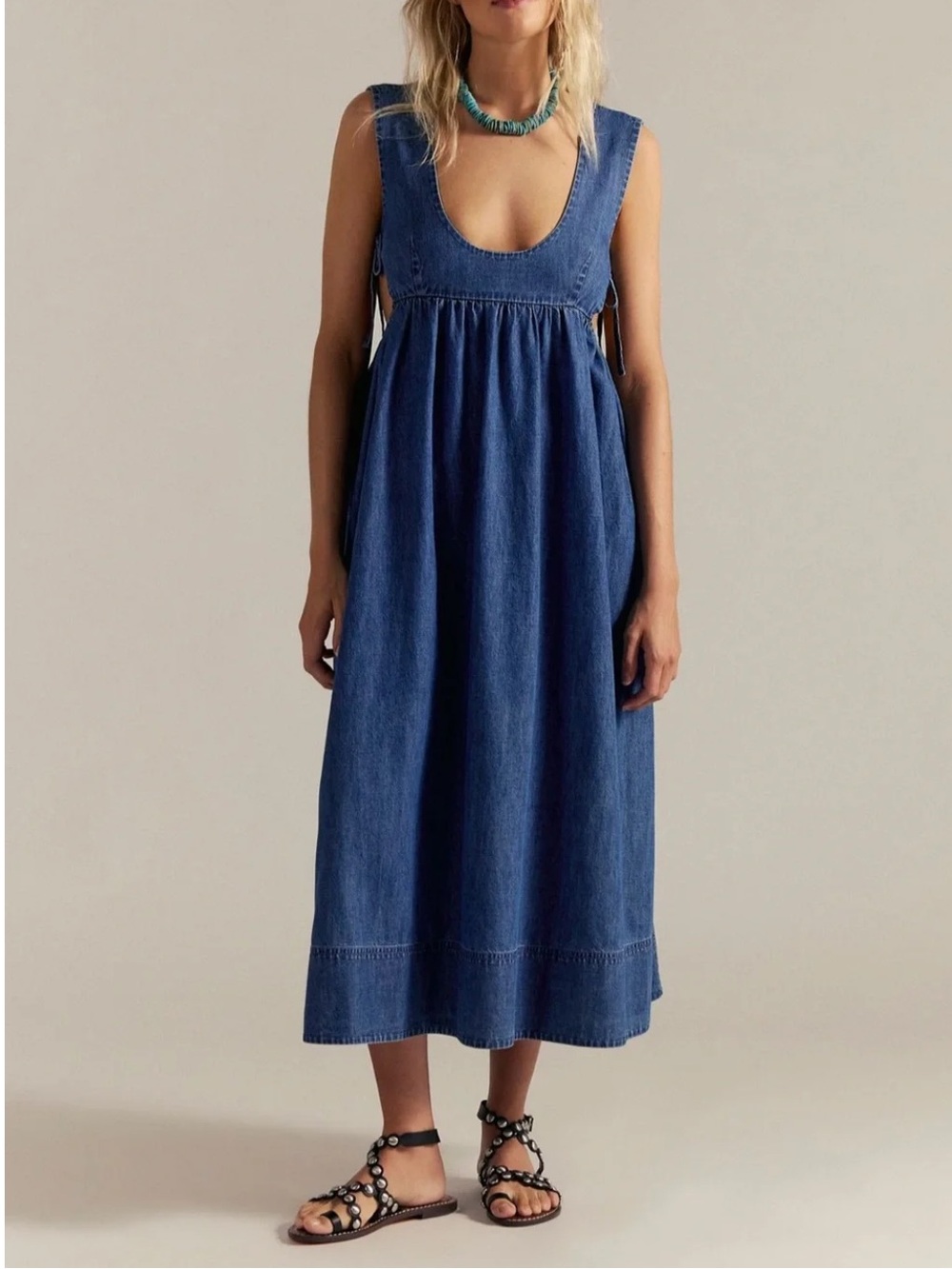 Free People Mirenia Denim Midi Dress Open Back Tie Side Boho Cottagecore Sz XS